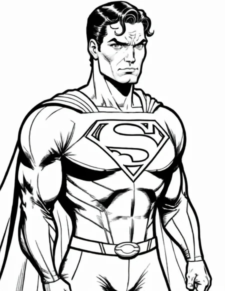 black and white, line art, coloring drawing of comic superman<lora:Coloring_book_-_LineArt:0.8>, white background, thick outlines