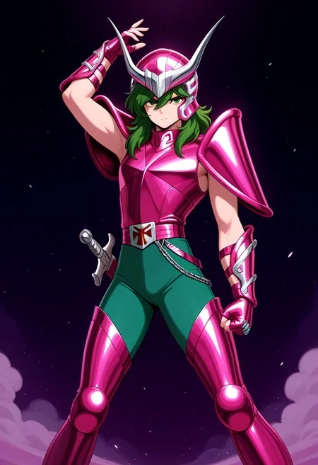 masterpiece, best quality, amazing quality, very aesthetic, absurdres, newest, ANDRSHUNV1, 1boy, slender figure, magenta pauldrons, curved pauldrons, magenta helmet with two prongs and silver accents, long wavy green hair, green eyes, magenta sleeveless armor, magenta vambraces, fingerless magenta gloves, magenta thighhigh greaves, green pants, magenta belt, magenta boots, chains, standing pose, serious, arm up,