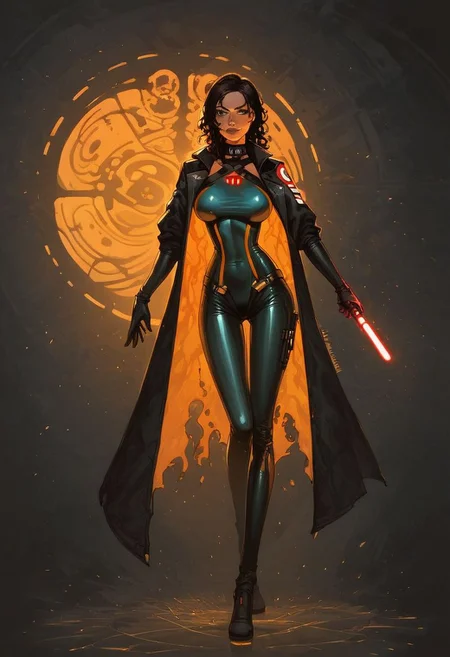 score_9, score_8_up, score_7_up, solo, [tachy:(panam palmer:1.2)],  beautiful girl, hearts, seductive, green eyes, tight, visible skin, naughty pose, (stellar blade orange neon bodysuit, tight bodysuit, wedgie bodysuit:1.5), 
bdsm, collar cyberpunk Samurai jacket, (female, red fire magical slim skin:1.14), Large linen cape, (nice face), (black harness, tight huge massive black firm breasts:1.1), surrounded by a detailed spacescape with translucent carbon bodysuit, black dark-amber Highlights, (black red neon, emissive), (yellow smoked particules, hyper-detailed,:1.14) sharp, high resolution, high quality, 32K, Ultra realistic, HD, super detailed, line art, abstract style, (full body, shinny skin, wavy hair:1.5), (star wars bad inquisitor:1.5), (circle hard powerful redblack light saber:1.2), (well formed five fingers hands on light saber:1.27)