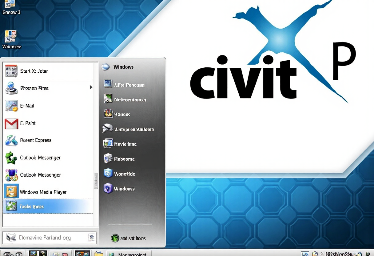 aesthetic2000s, Windows XP, operating system, desktop, start menu, program files, e-mail, Outlook Express, paint, Windows Messenger, Windows Media Player, custom desktop theme, user profile, taskbar, retro software, early 2000s software, computer interface, classic Windows interface, 'CivitAI' logo with blue hexagon wallpaper