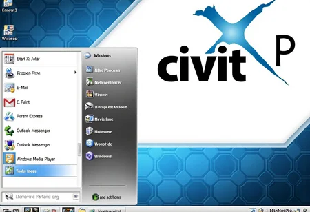 aesthetic2000s, Windows XP, operating system, desktop, start menu, program files, e-mail, Outlook Express, paint, Windows Messenger, Windows Media Player, custom desktop theme, user profile, taskbar, retro software, early 2000s software, computer interface, classic Windows interface, 'CivitAI' logo with blue hexagon wallpaper