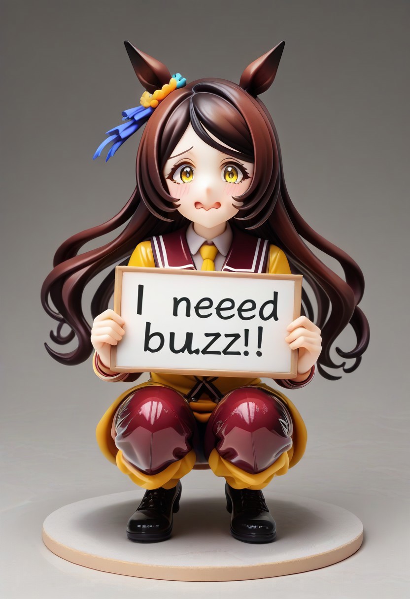 ( Latex,manhattan_cafe_(umamusume), ,(need_buzz, holding sign)1girl,  need_buzz, holding sign with another hand : 1.3), fake smile, nervous sweat, wavy mouth, squatting, looking at viewer, very awa,yellow_necktie,black long hair , yellow eyes,pants