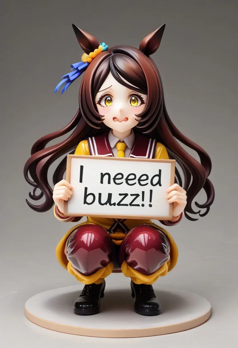 ( Latex,manhattan_cafe_(umamusume), ,(need_buzz, holding sign)1girl, need_buzz, holding sign with another hand : 1.3), fake smile, nervous sweat, wavy mouth, squatting, looking at viewer, very awa,yellow_necktie,black long hair , yellow eyes,pants