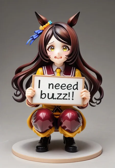 ( Latex,manhattan_cafe_(umamusume), ,(need_buzz, holding sign)1girl, need_buzz, holding sign with another hand : 1.3), fake smile, nervous sweat, wavy mouth, squatting, looking at viewer, very awa,yellow_necktie,black long hair , yellow eyes,pants