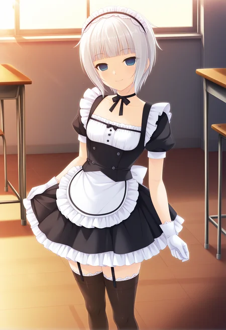 masterpiece, best quality, very aesthetic, absurdres,, anime, 1girl, solo, lewd, smooth,
small breasts, white hair, blue eyes, short hair, spiky layered cut, side undercut,
french maid outfit, black dress, white apron, frilly lace trim, puffed sleeves, white gloves, black thigh-high stockings, black heels, white frilled headband, ribbon choker, ruffled skirt, polished buttons, corset waist,
standing, looking at viewer, smile, empty eyes,
classroom, lens flare, cinematic lighting, high high contrast, cowboy shot,
<lora:Sayori_Style_Saimin_Games_Illustrious:1> sayori_style