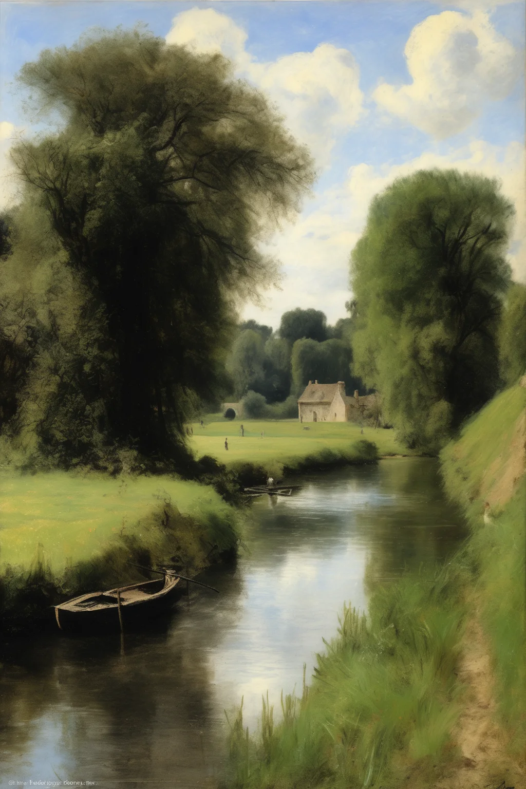 John Constable Style - Create a serene riverside scene, with a calm river flowing through lush green meadows. Paint weeping willows gracefully bending over the water, creating a sense of tranquility. Include a small wooden bridge or a rowboat to add a touch of human presence. William Henry, John Constable, Diego Velzquez, Emil Carlsen, Adolph Menzel, Simon Hollsy, Barbizon school, Jean-Baptiste-Camille Corot, Thodore Rousseau, Jean-Franois Millet, reduced palette, pastel colors, brushwork exploration, brushwork, low resolution, realist detail, realistic impressionism, Renaissance painting, plein-air painting, artwork, classical, ultra-fine details, highly-detialed, fine art