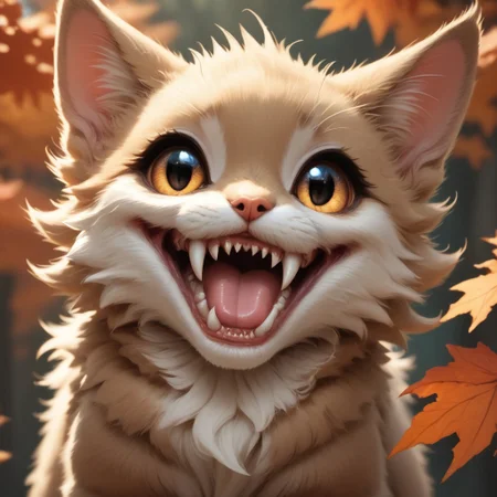score_9, score_8_up, score_7_up, score_6_up, score_5_up, score_4_up,UHD,
adorable cat-like creature big eyes in forest autumn time, Perfect Fangs, fangs, sharp teeth, fang