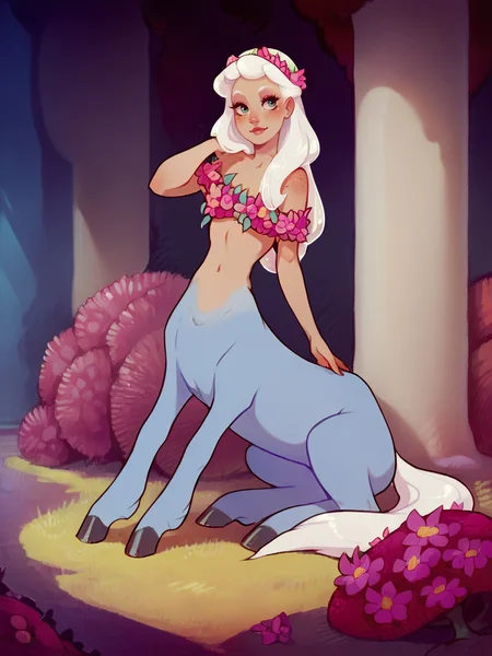 score_9, score_8_up, score_7_up, score_6_up, score_5_up, <lora:centaurFXLP:1> centaur, centaurf, monster girl, flower, long hair, white hair, solo, full body,