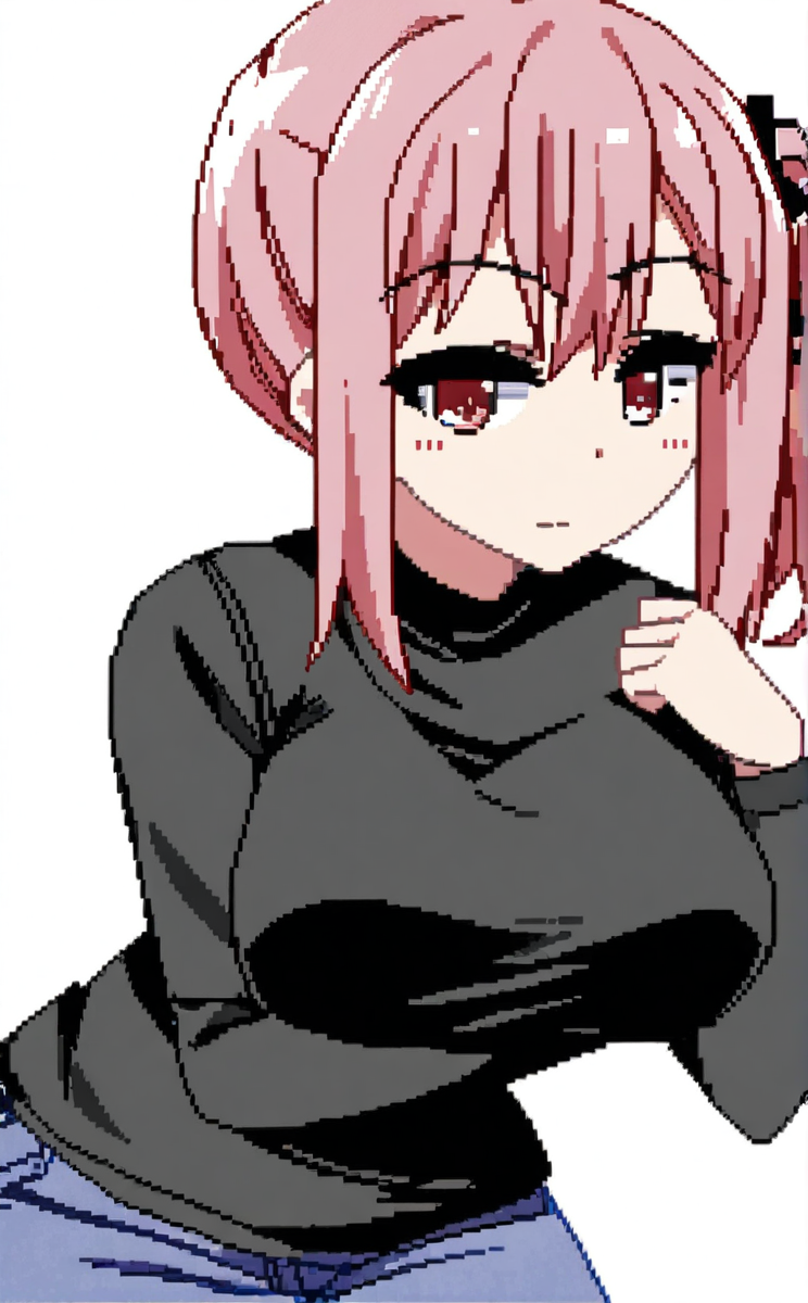 character: Mizuki (ç¾æ), character: Mizuki (ç¾æ) clothes3, pixel art, 1girl, solo, simple background, white background, cowboy shot, looking to the side, closed mouth, pink hair, large breasts, arm under breasts, black shirt, long sleeves, red eyes, blue jeans, side ponytail, hand up<lora:summer memories v8.3 (å¤æè£æ­£ååå¾ç¿»è½¬)-000005:1>