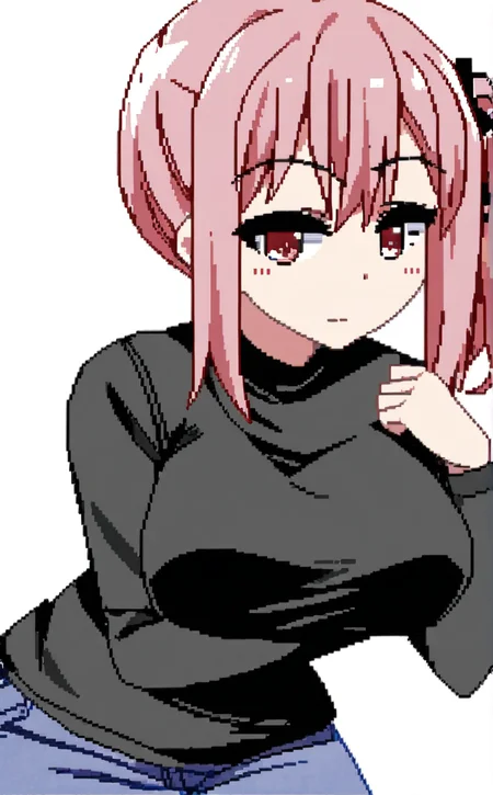 character: Mizuki (ç¾æ), character: Mizuki (ç¾æ) clothes3, pixel art, 1girl, solo, simple background, white background, cowboy shot, looking to the side, closed mouth, pink hair, large breasts, arm under breasts, black shirt, long sleeves, red eyes, blue jeans, side ponytail, hand up<lora:summer memories v8.3 (夿è£
æ£ååå¾ç¿»è½¬)-000005:1>