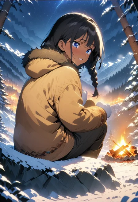 gorgeous lips, cinematic, (masterpiece), (best quality), (ultra-detailed), very aesthetic, illustration, perfect composition, intricate details, absurdres, detailed face, (anime, masterpiece, intricate:1.3), (best quality, hires textures, high detail:1.2), (4k),(incredibly detailed:1.4)
Footbath, beautiful girl,, foot of a snowy mountain, sitting on a rock, snowy forest, campfire, black hair, no bangs, long hair, , shy smile,, hair blowing in the breeze, whispy clouds in the sky, evening, winter, forest mountains, starry sky, snowing, far from the city center, mountainous countryside, perfect quality,cute smile, Looking back, beautiful scenery, high resolution, Himalayan style fur lined Parka, boots, pants, mittens, braided hair, tan skin, brown skin, blue eyes, θζ―γγ·γγγγͺ, θζ―, γ·γγγγͺ,<lora:more_details:0.5>