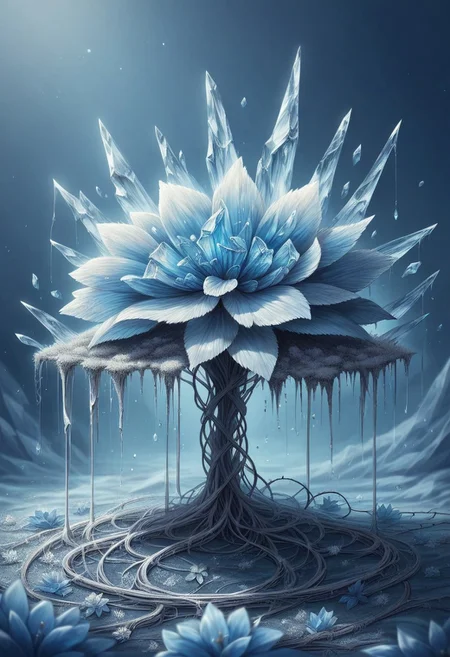 score_9, score_8, score_7, 1ce, ice, flower, sill life, edelweiss, silver wire, blue theme, no humans