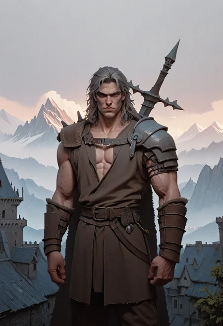 score_9, score_8_up, score_7_up, score_6_up, score_5_up, score_4_up, cowboy shot, 1man, solo, barbarian, grey hair, serious expression, heroic pose, exterior, skyhold, parapet view, mountains, tower  <lora:FantasyKeep_Pony:0.7>