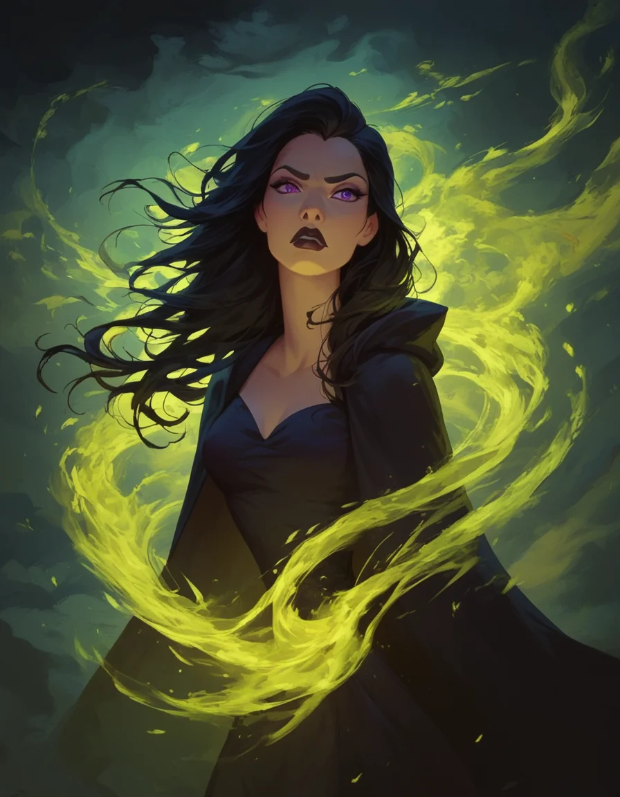 <lora:Disney_Style:.7>  <lora:princess_xl_v2:.6> <lora:Expressive_H:.8> <lora:add-detail-xl:.7>  <lora:Poison_magic_Magic_PACK:.7>
score_9, score_8_up, score_7_up, zPDXL, DisneyRenstyle, score_9,score_8_up,score_7_up,score_6_up,  1girl, sexy 18 year old, beautiful face, long hair, black hair, straight hair, slicked back hair, pale skin, black lipstick, makeup, black dress, black cloak, perfect face, serious expression, purple eyes, eyelids half open, standing, casting spell, Poimagmb, Aura, Glowing, Gas, glowing gas in hands, fantasy laboratory, foggy, dim light, front lit