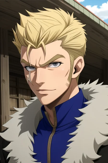 masterpiece, best quality, photorealistic, 1boy, solo, male focus, looking at viewer, upper body, depth of field, , , <lora:laxus_dreyar:0.68>, laxus_dreyar, blonde hair, grey eyes, jester costume, post-apocalyptic,