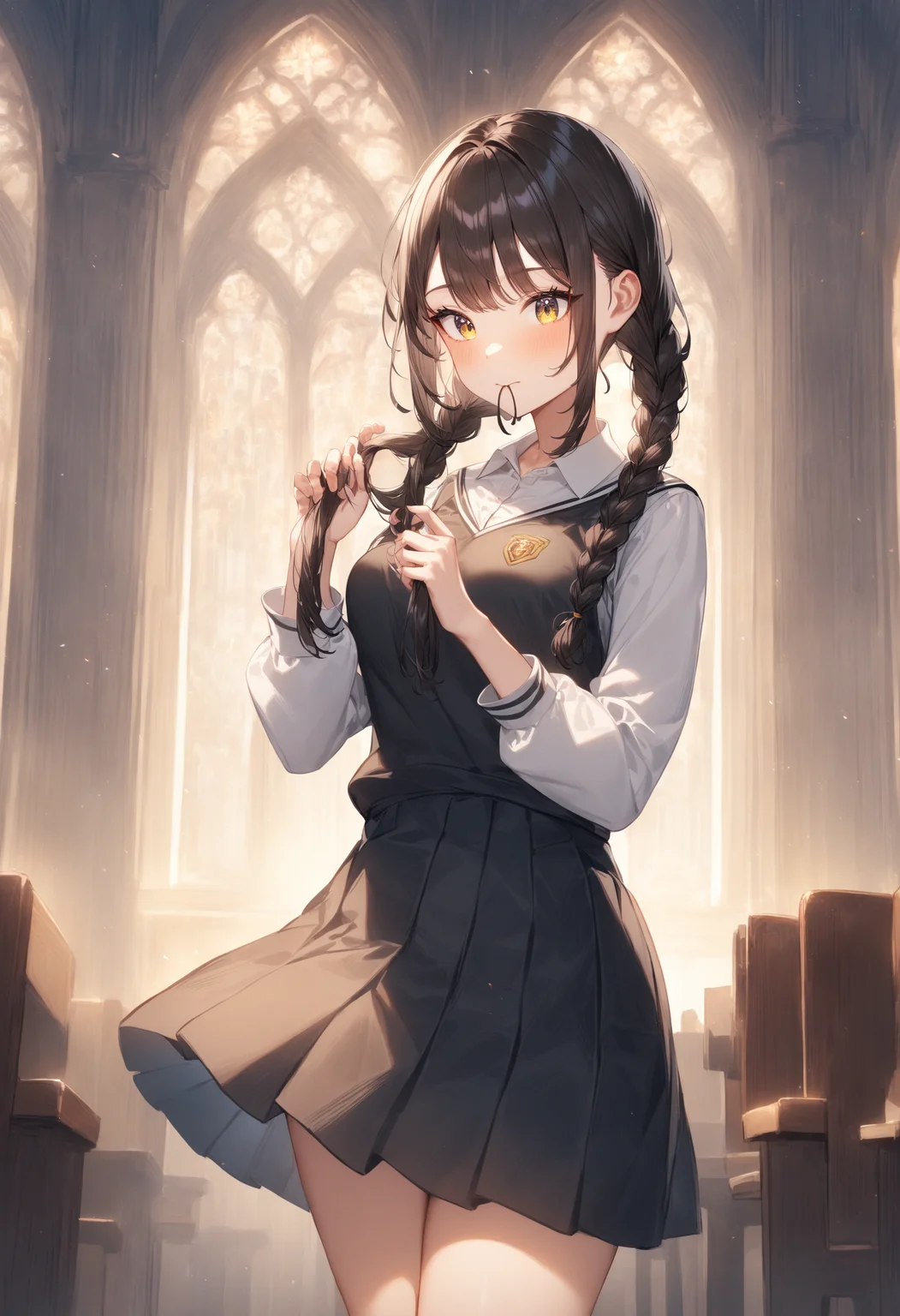 1girl, <lora:sdxl2-flat2-512b:-1>,medium breasts,school uniform,
<lora:braidinghair_XL_v1:0.8>braiding hair,twin braids, hairdressing, holding hair, tying hair, adjusting hair, hair over shoulder, hand in hair, hair tie in mouth,
from side, feet out of frame, looking ahead, contemptuous, cathedral, closed mouth,
masterpiece, best quality, very aesthetic, absurdres