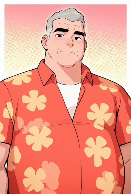 <lora:max-05:1> max, collared red shirt, grey hair, 1boy, short hair, short sleeves, hawaiian shirt, floral print, looking at viewer, expressive, posing, chubby,, masterpiece, best quality, amazing quality, very aesthetic, absurdres, newest,, upper body, halftone effect, white borders, abstract background:1.2,