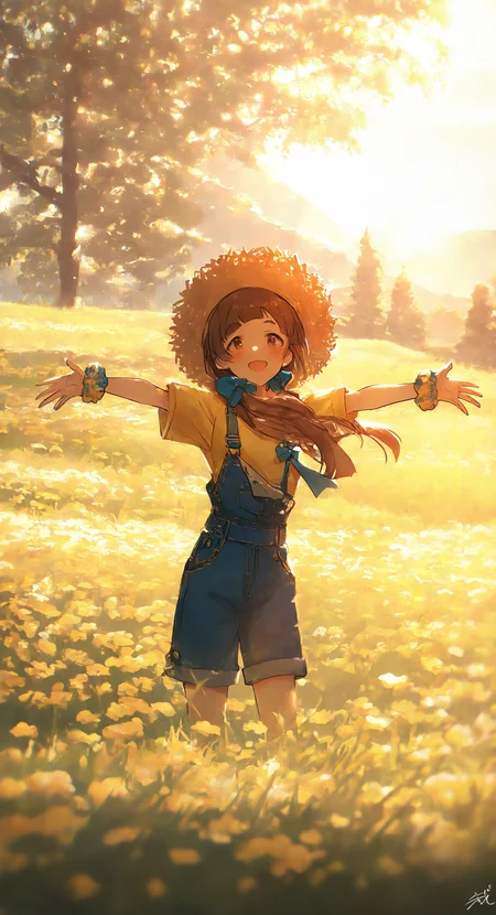 masterpiece, best quality, good quality, very awa, very aesthetic, absurdres, newest, kuramoto china, idolmaster, 1girl, blue bow, blue shorts, blush, bow, brown eyes, brown hair, day, field, flower, grass, hat, hibi hakkenteki step! (idolmaster), long hair, looking at viewer, open mouth, outdoors, outstretched arms, overall shorts, overalls, scenery, scrunchie, shirt, shorts, smile, solo, standing, straw hat, tree, wrist cuffs, wrist scrunchie, yellow shirt, detailed background, backlit, sunset, backlighting <lora:ponyv6_noobV1_2_adamW-000017:0.7> <lora:USNR_STYLE_XL_lokr:0.45> <lora:WSSKX_WAI:0.7> <lora:backlitILL:0.4>