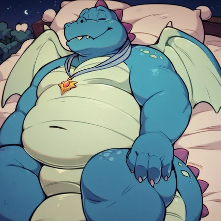 score_9, score_8_up, score_7_up, score_6_up, score_5_up, score_4_up, ord, dragon, blue skin, light green wings, light green belly, chubby, fat, furry, purple spikes, necklace, night, sleeping on bed, sleeping