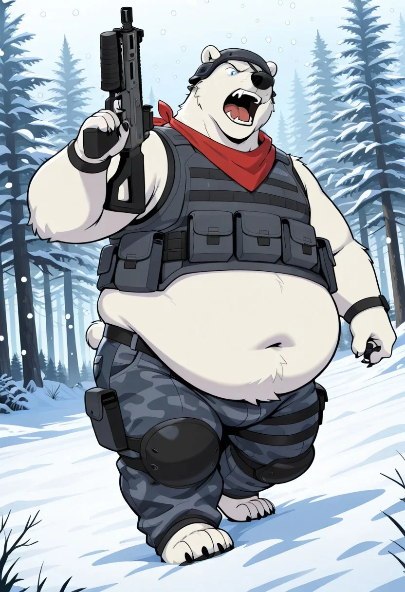 masterpiece, best quality, amazing quality, 1boy, solo, polar bear, bear snout, blue eyes, right eye patch, helmet, claws, male. anthro, male, black pawpads, cartoon style, 2d, overweight male, perfect eyes, (((detailed eyes))), expressive eyes, ((fat, chubby, obese, round belly)), ((excessive obesity)),,forest, snowy forest, snow, snow covered trees, snowing, snow hills, high quality, detailed, digital art, masterpiece, full body, (gray camouflage pants, gray tactical sleeveless vest, red bandana around the neck, arm wears), big butt, (standing dynamic pose, holding an assault rifle, screaming, rifle shooting, shouting, mouth open, angry, dynamic scene, dutch angle), vivid color, detailed face, perfect face, masterpiece, absurdres, intricate detail, very aesthetic, ds0d, ((three-quarter view:1.3)), ((3/4_view))