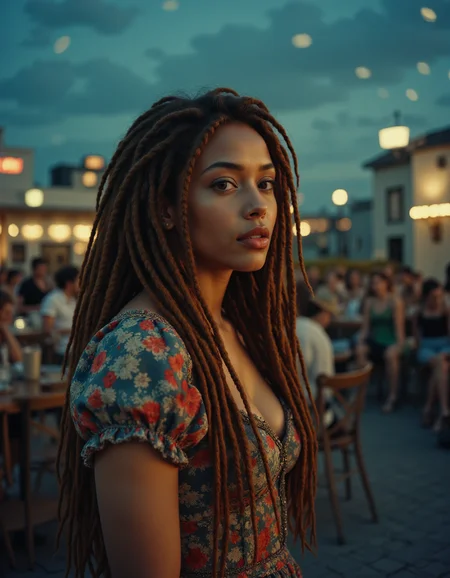 a female maid secret police,Dreadlocks,colored inner hair,dressed in a floral midi dress with ruffled sleeves and wedge sandals,a rooftop bar at night,Overdetailed art Best quality ultra sharp intricate details Fine art,film camera,moody lighting,<lora:Pro-skin_epoch_10:1>