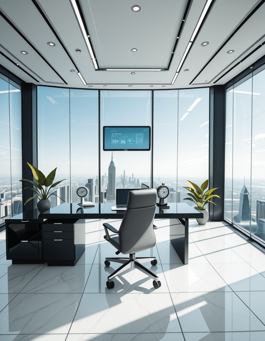 A modern, luxurious executive secretary's office located at the top floor of a futuristic skyscraper. The office has floor-to-ceiling glass walls offering a breathtaking panoramic view of a bustling metropolis under a clear blue sky. Inside, the design is ultra-minimalist and high-tech, with sleek white furniture, a glossy black desk with an integrated digital interface, and an ergonomic designer chair in matte gray leather. There are a few elegant green plants strategically placed for a touch of nature. A thin holographic screen hovers above the desk, displaying schedules and emails. The lighting is bright but soft, coming from recessed LED strips in the ceiling and natural sunlight pouring in. The atmosphere feels calm, professional, and cutting-edge, reflecting the spirit of a powerful tech company. In the background, a subtle artistic sculpture and a minimalist clock complete the decor.
<lora:SDXLFaeTastic2400:0.4> <lora:extremely_detailed:0.4> extremely detailed,secretary 0ff1c3, <lora:secretary_0ff1c3_r1-i:1>, Masterpiece,best quality,hi res,8k,hi res,8k,award winning,(sharp focus, intricate, highly detailed),
