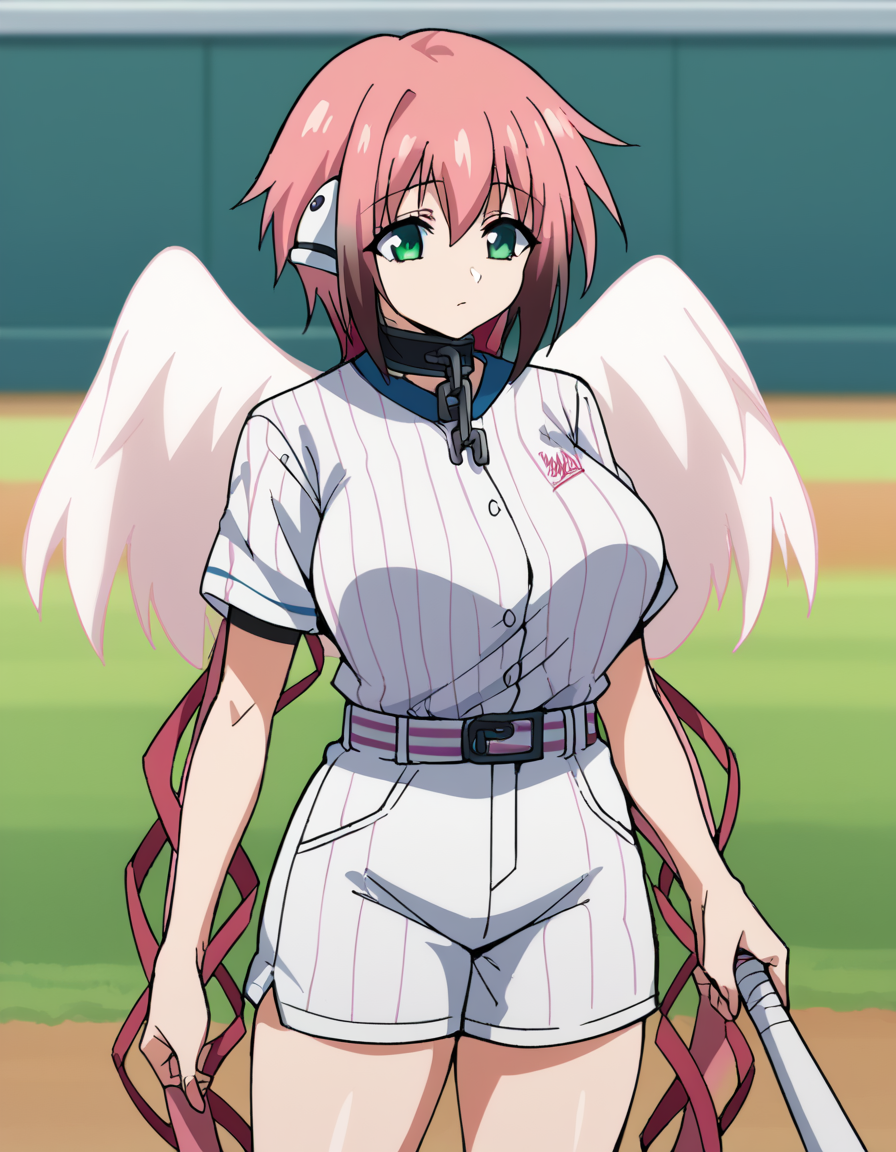 score_9, score_8_up, score_7_up, source_anime, <lora:ikaros-s2-ponyxl-lora-nochekaiser:1>, ikaros, long hair, bangs, large breasts, twintails, very long hair, green eyes, hair ribbon, pink hair, angel wings, robot ears, collar, chain, large breasts,, <lora:baseball-uniform-ponyxl-lora-nochekaiser:1> baseball uniform, baseball, striped belt, shirt under shirt, sportswear, ribbed shirt, baseball helmet, baseball bat, baseball jersey, baseball field, holding baseball bat,, , cowboy shot,