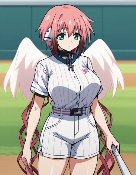 score_9, score_8_up, score_7_up, source_anime, <lora:ikaros-s2-ponyxl-lora-nochekaiser:1>, ikaros, long hair, bangs, large breasts, twintails, very long hair, green eyes, hair ribbon, pink hair, angel wings, robot ears, collar, chain, large breasts,, <lora:baseball-uniform-ponyxl-lora-nochekaiser:1> baseball uniform, baseball, striped belt, shirt under shirt, sportswear, ribbed shirt, baseball helmet, baseball bat, baseball jersey, baseball field, holding baseball bat,, , cowboy shot,