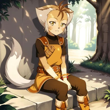 score_9, score_8, score_9, BREAK, FW, wilykat, yellow eyes, furry, tail, petite, adorable, sitting, outside, sunlight, shadows, natural lighting