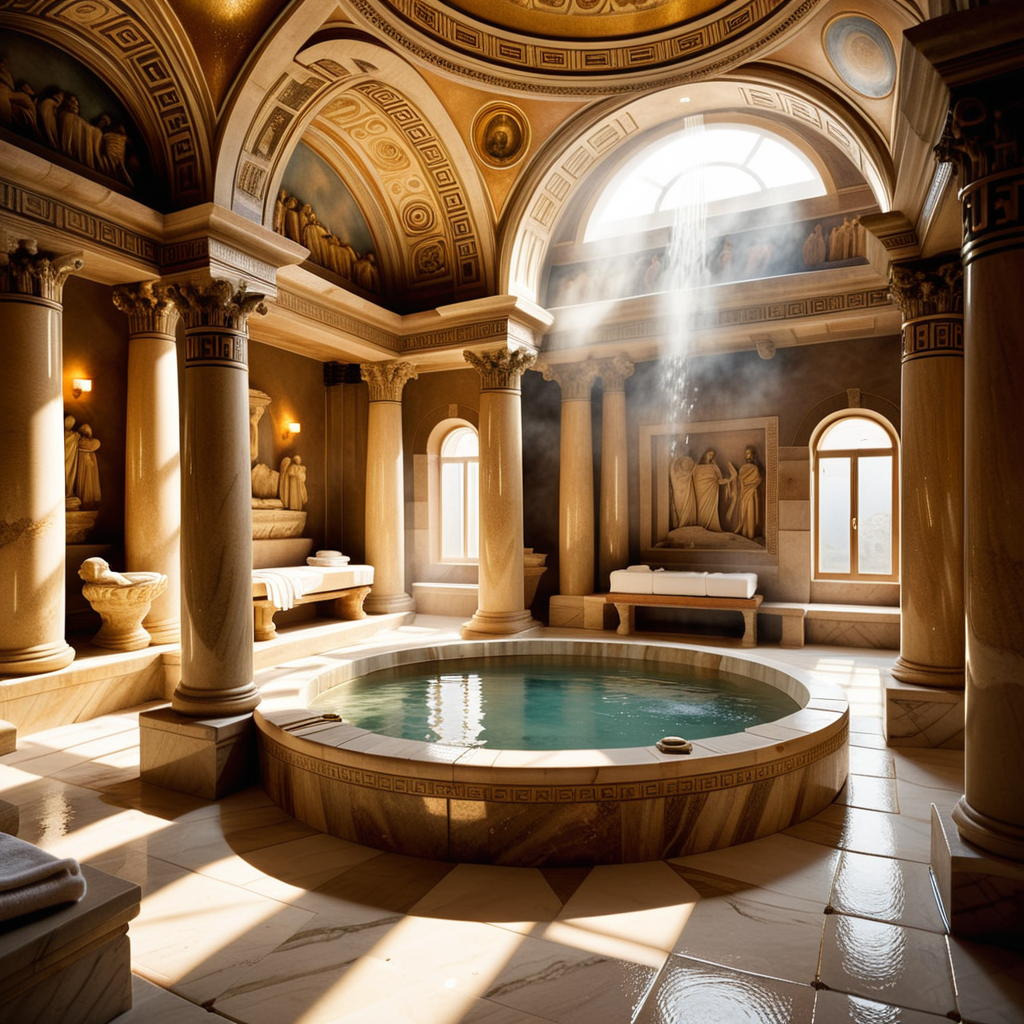 A highly detailed and realistic photograph of an ancient Roman sauna (thermae) from the time of Caesar, featuring grand marble architecture with intricate carvings and columns. The central bath is filled with steaming water, surrounded by polished marble tiles and mosaics depicting mythological scenes. The room is illuminated by natural light streaming through small openings in the high, domed ceiling, creating soft shadows and reflections on the water's surface. The atmosphere is hazy from the steam, and a few individuals dressed in Roman togas and tunics can be seen reclining on benches or chatting near the bath. The overall color palette includes shades of white, gold, and earthy tones, emphasizing the luxurious and serene environment.<lora:SDXLFaeTastic2400:0.4> <lora:extremely_detailed:0.4> extremely detailed, Masterpiece,best quality,hi res,8k,hi res,8k,award winning,(sharp focus, intricate, highly detailed),