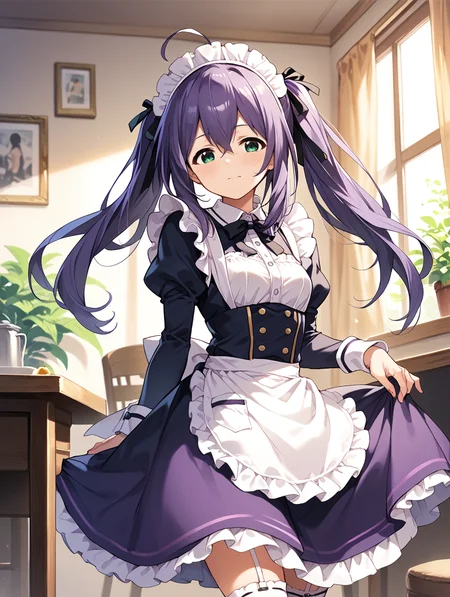 score_9,score_8_up,score_7_up,
official art,official style,game cg,megami magazine,
uncensored,
1girl,solo,
mochizuki anna,purple hair,green eyes,ahoge,long hair,twintails,
purple dress,maid headdress,maid,
<lora:idolmaster_mochizuki_anna_pony_v1.1-000006:1>,