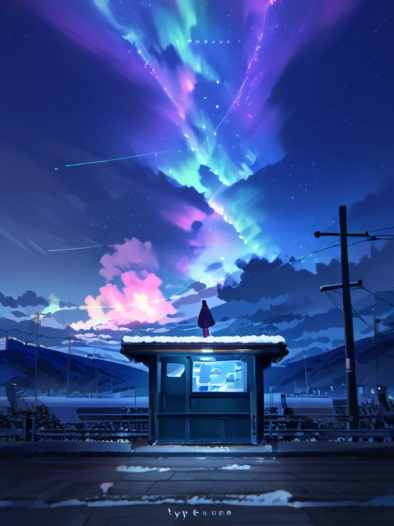 PDXL, <lora:AenuaV1:1>, a3nua,
1girl, standing on top of a snowy hill, watching northern lights, aurora, night, night sky