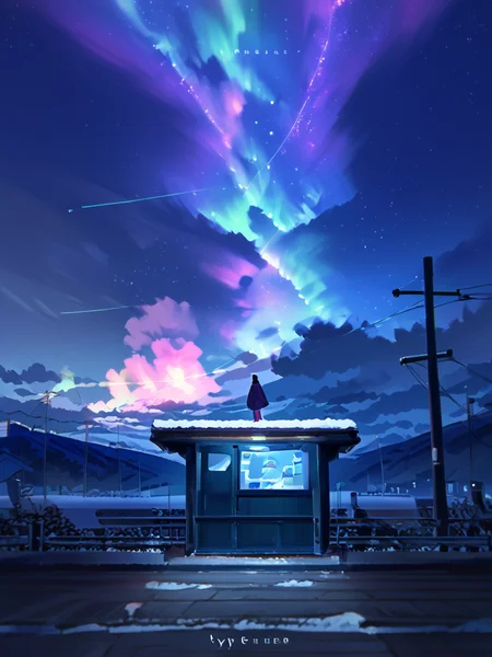 PDXL, <lora:AenuaV1:1>, a3nua,
1girl, standing on top of a snowy hill, watching northern lights, aurora, night, night sky