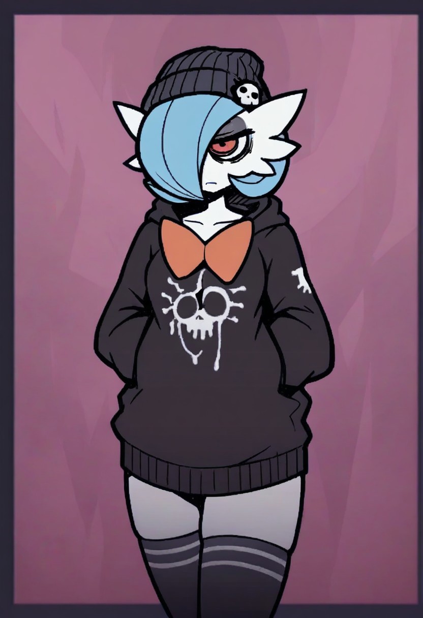 Masterpiece, best quality, aesthetic, high resolution, 1girl, anthro, solo, female, Mega Gardevoir, emo, dark eyeshadow, orange eyes, blue hair, ponyatil, dark eye circles, black hoodie, bottomless, beanie, thighhighs, Vanripper