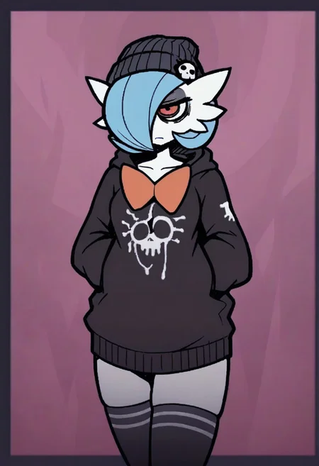 Masterpiece, best quality, aesthetic, high resolution, 1girl, anthro, solo, female, Mega Gardevoir, emo, dark eyeshadow, orange eyes, blue hair, ponyatil, dark eye circles, black hoodie, bottomless, beanie, thighhighs, Vanripper