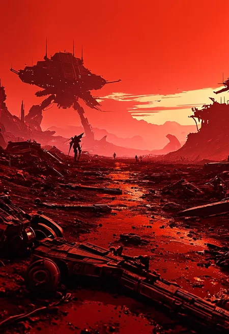 A desolate battlefield on a distant planet, littered with the remains of futuristic weapons and the ghosts of fallen warriors, under a blood-red sky, 
in the style of the eerie ambiance of Ridley Scott's 'Alien' with 80s sci-fi nostalgia. Blend dreamlike, claustrophobic spaces, grimdark Warhammer 40K magic, and campy yet sinister tones. Envision a surreal, dystopian world where arcane forces meet retro-futuristic sci-fi, creating a uniquely haunting tableau
, in the style of an old 80's VHS dark fantasy, VHS screen grab, grainy, old footage
