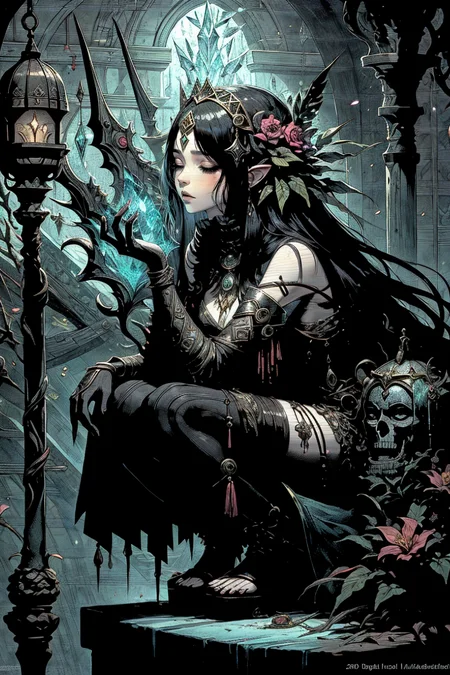 best quality, masterpiece, 1 girl, adult (elven:0.7) woman, aquamarine eyes, black sleek hair, ombre, focus on character, solo, (style-swampmagic:0.8), solo, 10%from side, side view, (full body:0.8), detailed face, <lora:CulturePunkBundle-000007:0.5>, tikiai, tiki theme, elemental assassin, 10%(eyes closed:1.05), (icy indifference,:1.05), dramatic pose, 3%modern garments, shawl, forgotten locket of the underworld 20%carrying enchanted whip of thunder, veiled in an ethereal mist, 10%surrounded by mystic patterns, neural-link implants enhancing cognitive abilities, divine coat of arms, yellow color scheme, indoors, platform, mystical tunnel in background, sidelighting,