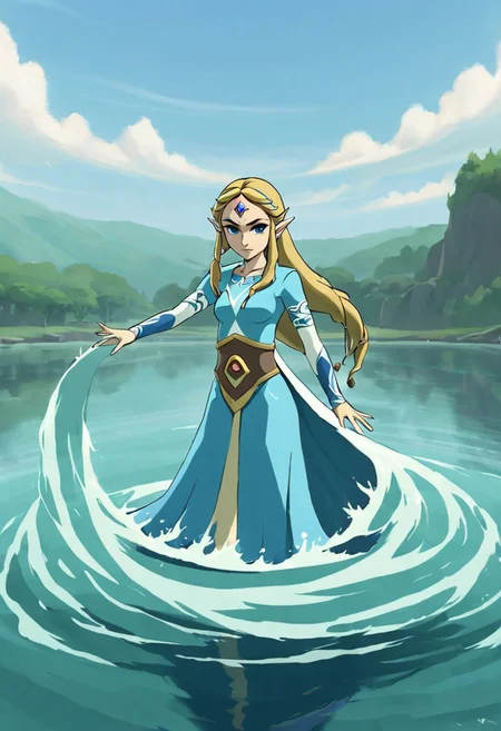 <lora:Waterbending-04:1.0> Princess Zelda, Waterbending, 2d, Anime, outdoors, lake