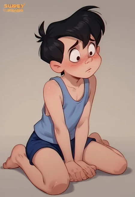score_9, score_8_up, score_7_up, score_6_up, 1boy, solo, male, Neddiehugson, 1boy, solo,  black hair, short hair, black eyes, thin body, thin face, short stature, cute boy, blushing, shy, tank top, shorts, barefoot, sitting down, legs spread leaning forward, hands between legs