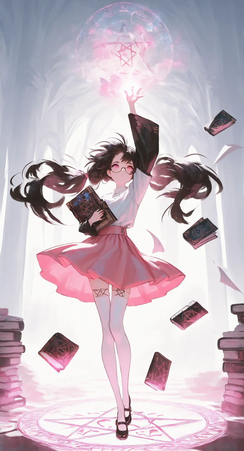 masterpiece, best quality, Good quality, very aesthetic, absurdres, newest, (Perfect details),(****), 1girl, solo, long_hair, looking_at_viewer, shirt, skirt, black_hair, long_sleeves, thighhighs, holding, twintails, standing, white_shirt, full_body, shoes, glasses, pink_eyes, black_footwear, white_thighhighs, arm_up, book, floating_hair, wind, mary_janes, holding_book, pink_skirt, long_skirt, open_book, magic, magic_circle, pentagram, hexagram, floating_clothes <lora:ponyv4_noob1_2_adamW-000017:0.7> <lora:USNR_STYLE_XL_lokr:1>
