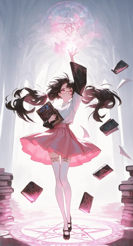 masterpiece, best quality, Good quality, very aesthetic, absurdres, newest, (Perfect details),(****), 1girl, solo, long_hair, looking_at_viewer, shirt, skirt, black_hair, long_sleeves, thighhighs, holding, twintails, standing, white_shirt, full_body, shoes, glasses, pink_eyes, black_footwear, white_thighhighs, arm_up, book, floating_hair, wind, mary_janes, holding_book, pink_skirt, long_skirt, open_book, magic, magic_circle, pentagram, hexagram, floating_clothes <lora:ponyv4_noob1_2_adamW-000017:0.7> <lora:USNR_STYLE_XL_lokr:1>