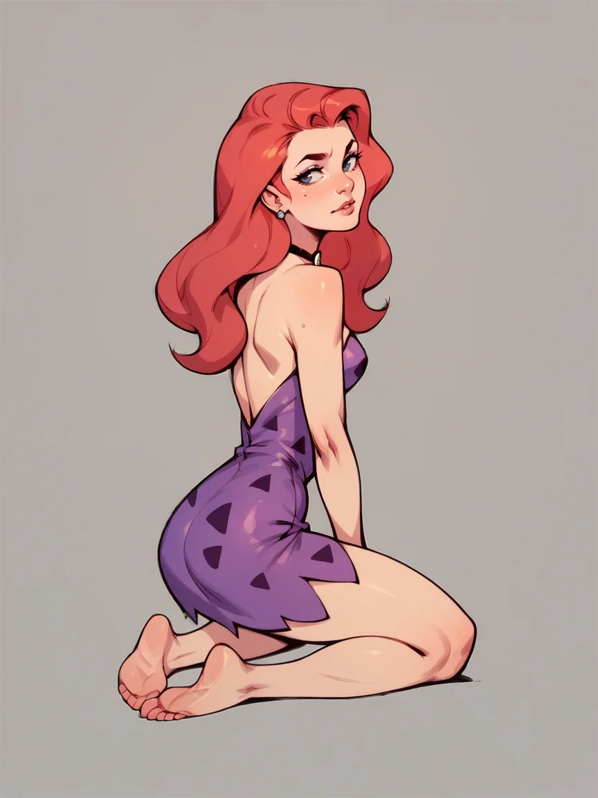 score_9, score_8_up, score_7_up, score_6_up, score_5_up, <lora:AnnMargrockXLP2:0.8> ann margrock, 1girl, red hair, long hair, solo, barefoot, purple dress, kneeling