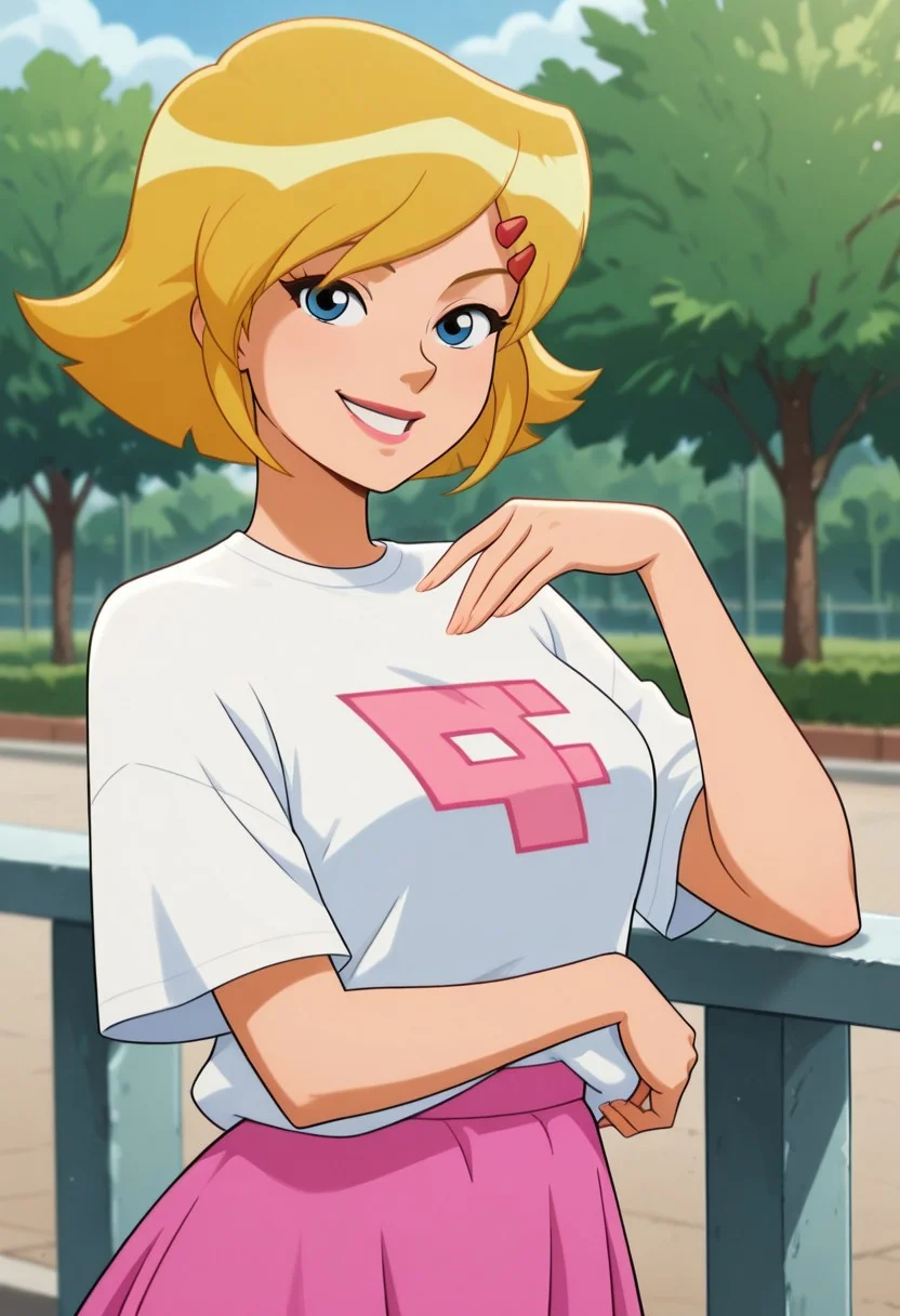 masterpiece, best quality, good quality, 1girl, solo, cartoon, totally_spies_2k24, cl0ver, blonde hair, blue eyes, white t-shirt, pix3l print, pink skirt, hairclip, sexy, large breasts, beautiful, detailed, high detailed, very beautiful, detailed face, detailed eyes, detailed hand, fingernails, outside, park, smile, posing, pose, looking at viewer