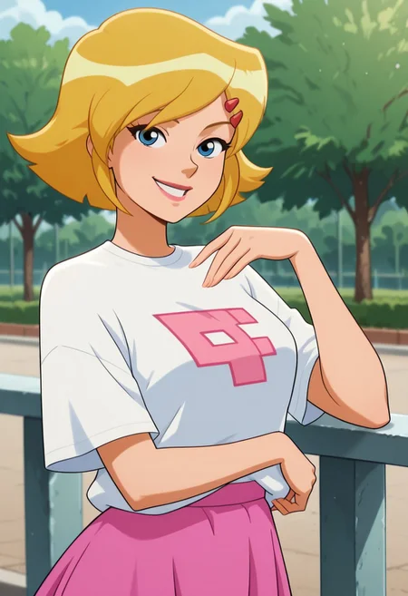 masterpiece, best quality, good quality, 1girl, solo, cartoon, totally_spies_2k24, cl0ver, blonde hair, blue eyes, white t-shirt, pix3l print, pink skirt, hairclip, sexy, large breasts, beautiful, detailed, high detailed, very beautiful, detailed face, detailed eyes, detailed hand, fingernails, outside, park, smile, posing, pose, looking at viewer