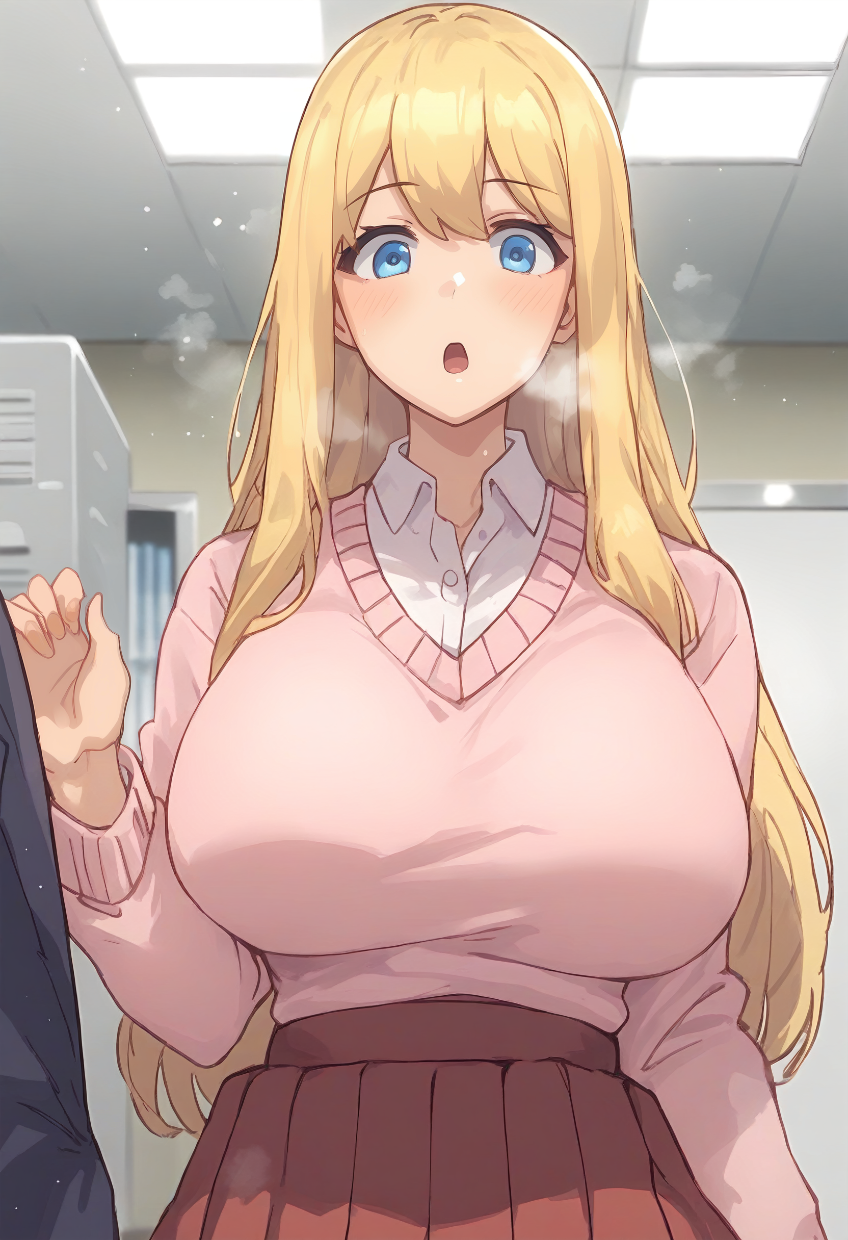 score_9, score_8_up, score_7_up, score_6_up, source_anime, rating_explicit, 1girl, (solo:1.1), huge breasts,<lora:hoshigaoka yuri prefectPonyxl:0.85> blonde hair, long hair, blue eyes, pink sweater, white shirt, collared shirt, long sleeves, red skirt, pleated skirt, surprised, Narrow shoulders, heavy breathing, steaming body, office room, indoors, looking at viewer, anime coloring