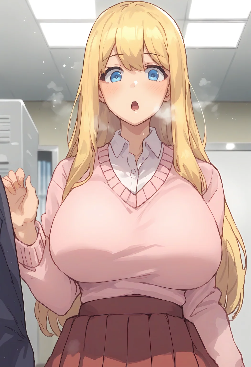 score_9, score_8_up, score_7_up, score_6_up, source_anime, rating_explicit, 1girl, (solo:1.1), huge breasts,<lora:hoshigaoka yuri prefectPonyxl:0.85> blonde hair, long hair, blue eyes, pink sweater, white shirt, collared shirt, long sleeves, red skirt, pleated skirt, surprised, Narrow shoulders, heavy breathing, steaming body, office room, indoors, looking at viewer, anime coloring