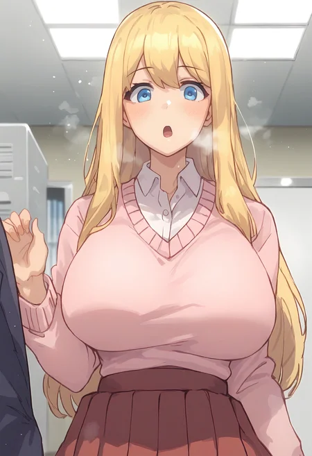 score_9, score_8_up, score_7_up, score_6_up, source_anime, rating_explicit, 1girl, (solo:1.1), huge breasts,<lora:hoshigaoka yuri prefectPonyxl:0.85> blonde hair, long hair, blue eyes, pink sweater, white shirt, collared shirt, long sleeves, red skirt, pleated skirt, surprised, Narrow shoulders, heavy breathing, steaming body, office room, indoors, looking at viewer, anime coloring