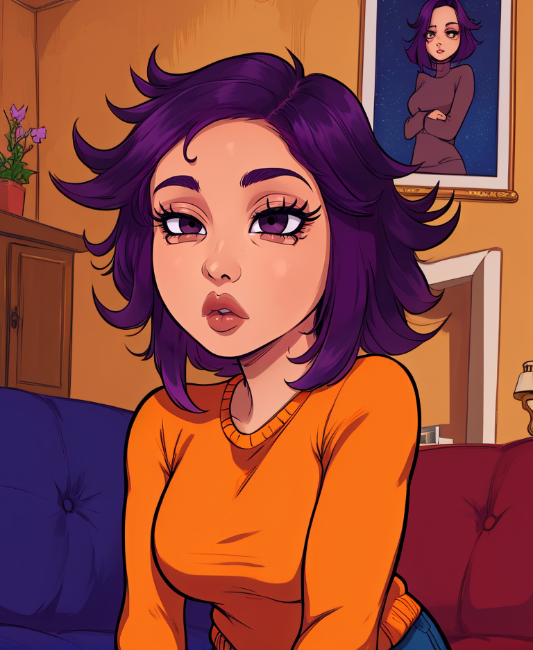 Paula,short purple hair,(black eyes:1.2),lips,bored,dark skin,
orange sweater,blue pants,
solo,standing,
home,living room,
(insanely detailed, beautiful detailed face,beautiful detailed eyes, masterpiece, best quality:1.2),<lora:PaulaSmall:0.8>,