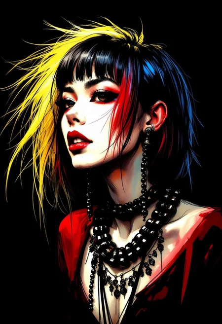inksketch, extreme closeup portrait of a goth woman, messy straight-cut cleopatra bob, bangs, multi-tone hair (neon yellow with red and blue highlights), long earrings, necklaces, heavy make-up, red lips, dark eyeshadow, dark background, silhouetted, chiascuro