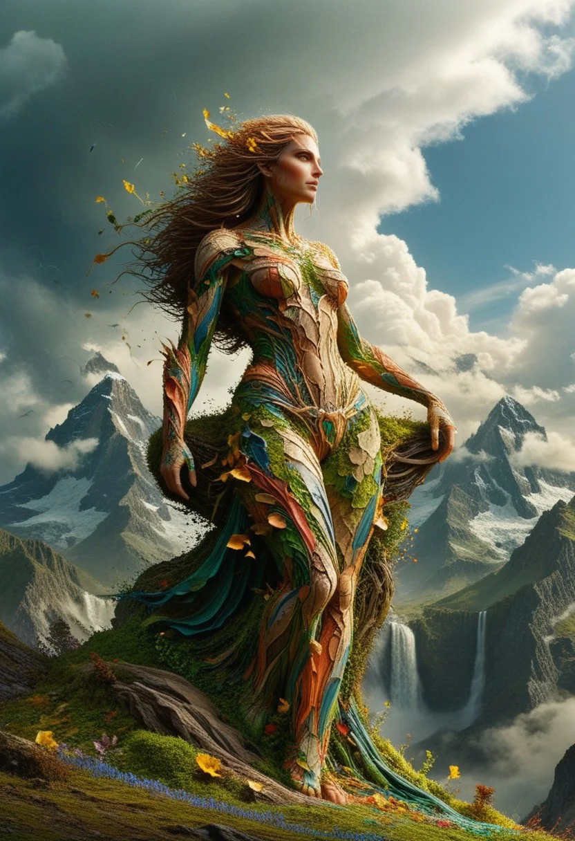 ElementEarth, drath, ral-drptpl, detailerlora, A majestic and colossal female figure, sculpture, made of mountain stones, integral part of the landscape